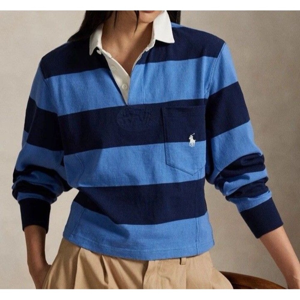 Polo Ralph Lauren Women’s Wide Stripe Rugby Polo Shirt In Blue/Navy Size XL